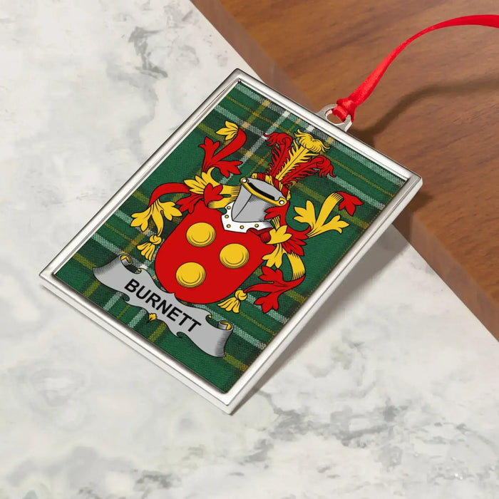 Burnett Irish family crest Christmas ornament — crest and tartan detail