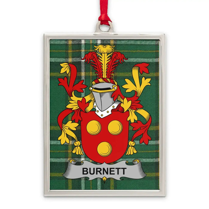 Burnett Irish family crest Christmas ornament — silver-tone portrait-frame keepsake