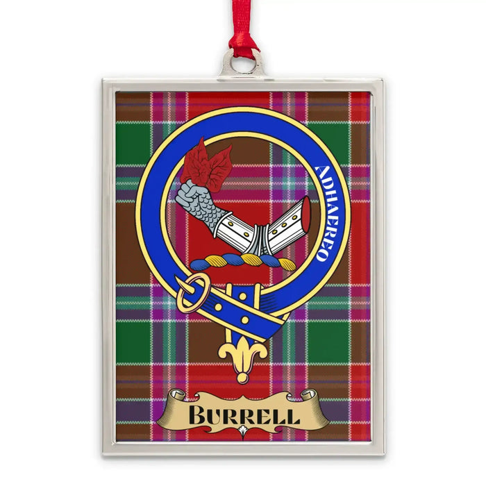 Burrell tartan-background crest ornament shown as a Scottish heritage keepsake gift