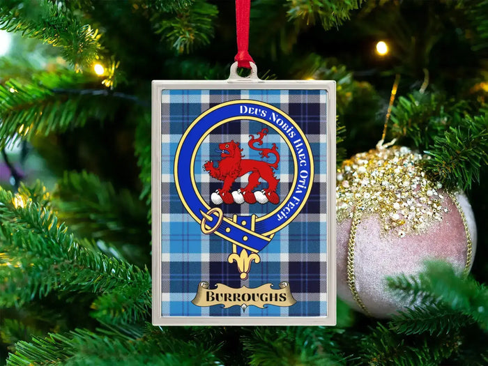 Burroughs clan crest Christmas ornament in a silver frame on a tartan background