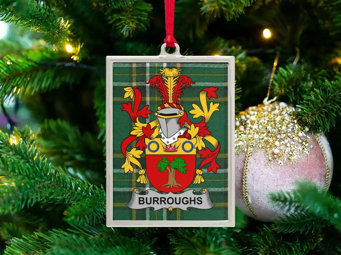 Burroughs Irish family crest Christmas ornament — crest on the Irish national tartan in a silver-tone frame