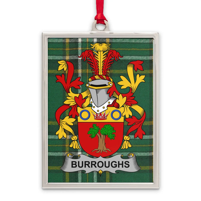 Burroughs Irish family crest Christmas ornament — silver-tone portrait-frame keepsake