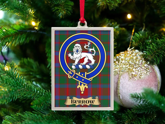 Burrow clan crest Christmas ornament in a silver frame on a tartan background