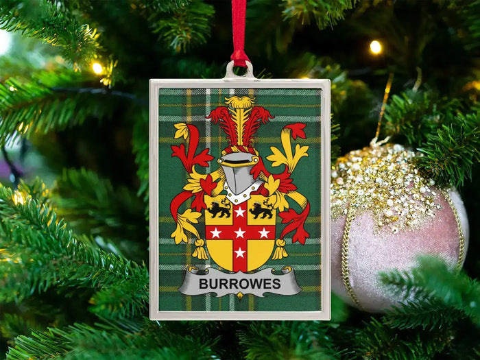 Burrowes Irish family crest Christmas ornament — crest on the Irish national tartan in a silver-tone frame