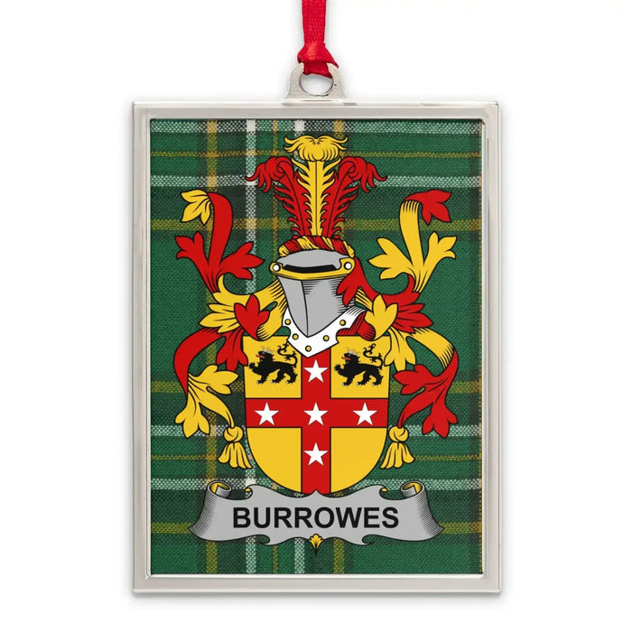 Burrowes Irish family crest Christmas ornament — silver-tone portrait-frame keepsake