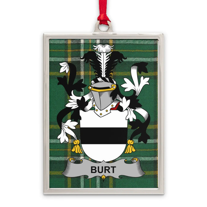 Burt Irish family crest Christmas ornament — silver-tone portrait-frame keepsake