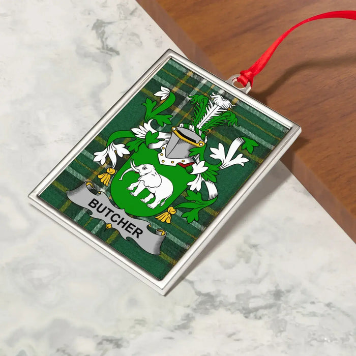 Butcher Irish family crest Christmas ornament — crest and tartan detail