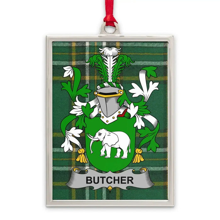 Butcher Irish family crest Christmas ornament — silver-tone portrait-frame keepsake