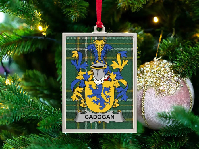 Cadogan Irish family shield Christmas ornament on Irish National Tartan in a silver-tone frame