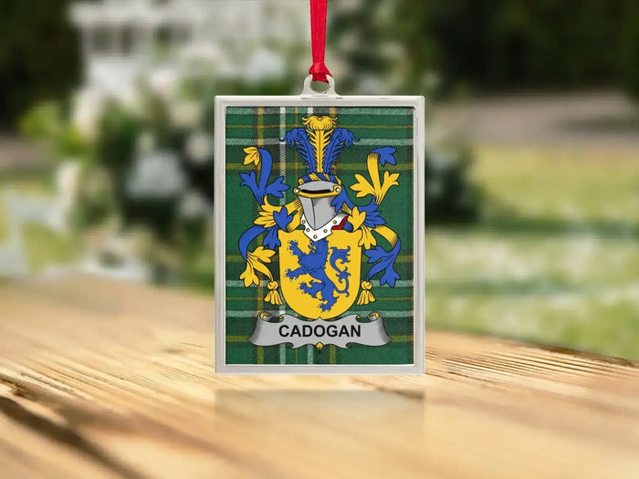 Cadogan Irish family shield ornament displayed as a Christmas tree keepsake