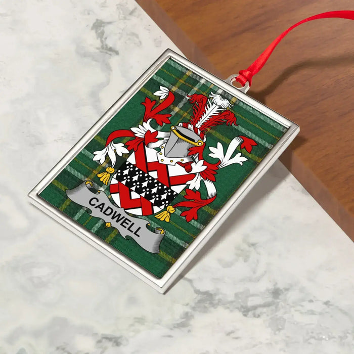 Cadwell Irish family crest Christmas ornament — crest and tartan detail