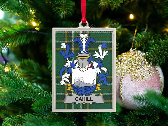 Cahill Irish family crest Christmas ornament — crest on the Irish national tartan in a silver-tone frame