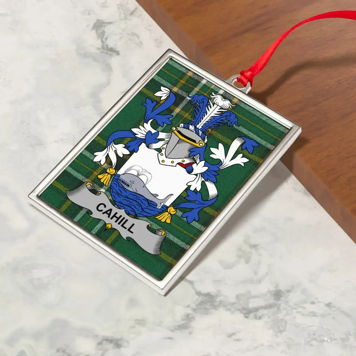 Cahill Irish family crest Christmas ornament — crest and tartan detail