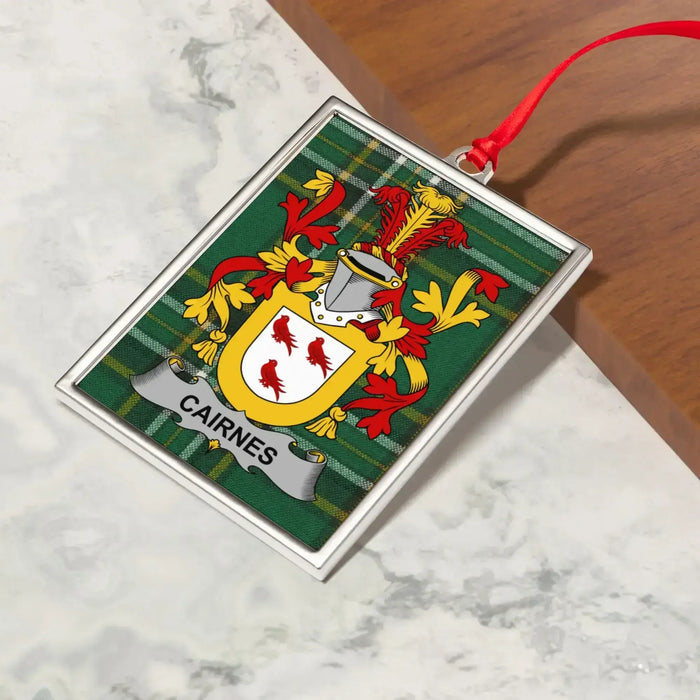 Cairnes Irish family crest Christmas ornament — crest and tartan detail