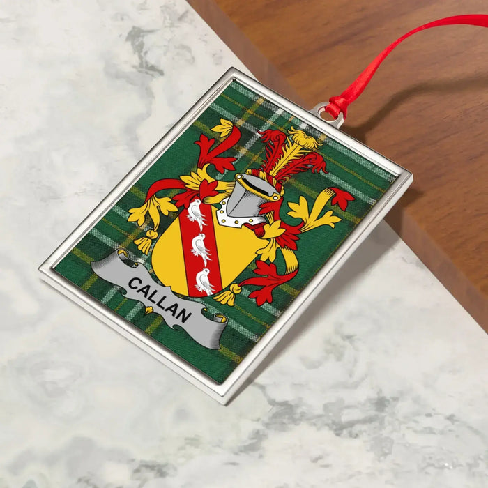 Callan Irish family crest Christmas ornament — crest and tartan detail