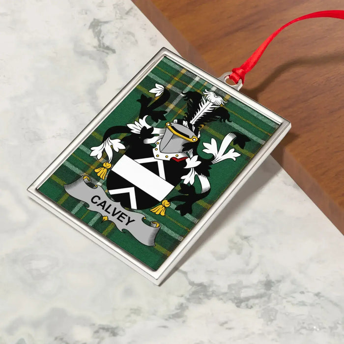 Calvey Irish family crest Christmas ornament — crest and tartan detail