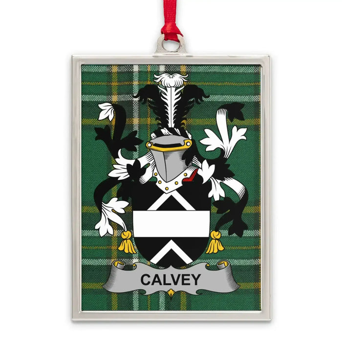 Calvey Irish family crest Christmas ornament — silver-tone portrait-frame keepsake