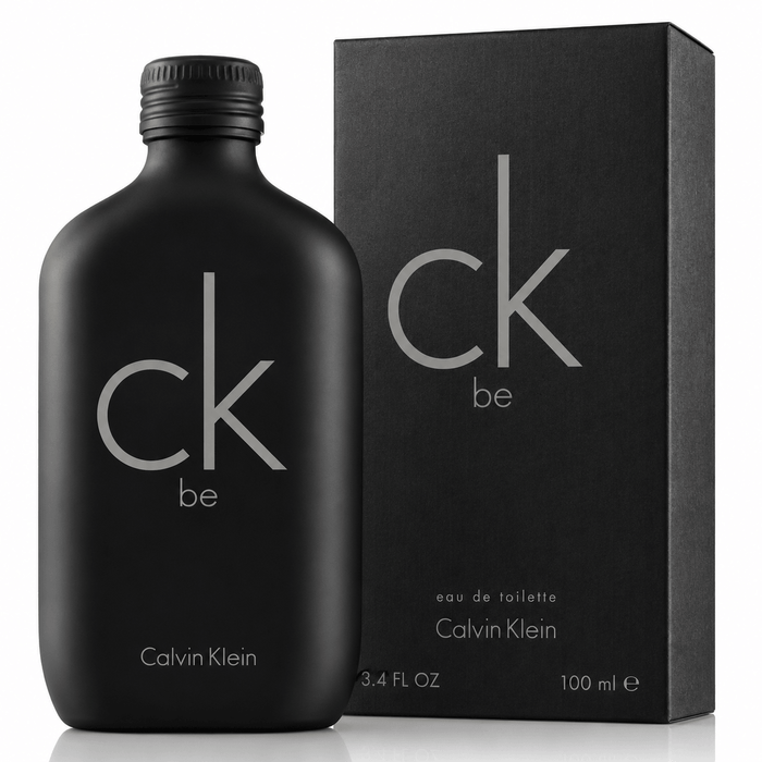 Calvin Klein CK Be EDT Unisex black matte fragrance bottle and matching box with silver branding and 100 ml label