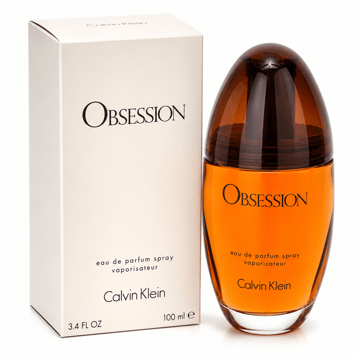 Calvin Klein Obsession EDP Women amber perfume spray in a glass oval bottle with a dark brown cap and cream box
