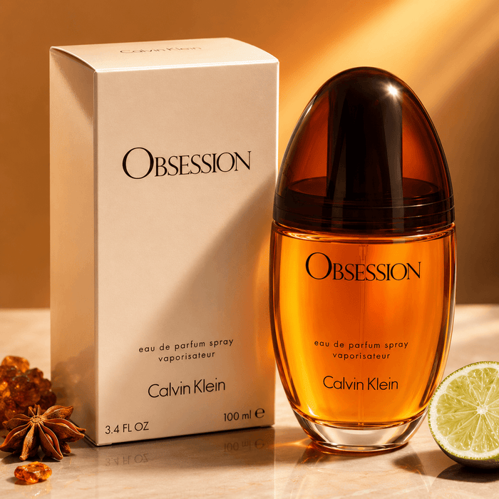 Calvin Klein Obsession EDP Women amber glass perfume spray with a dark rounded cap and cream branded box
