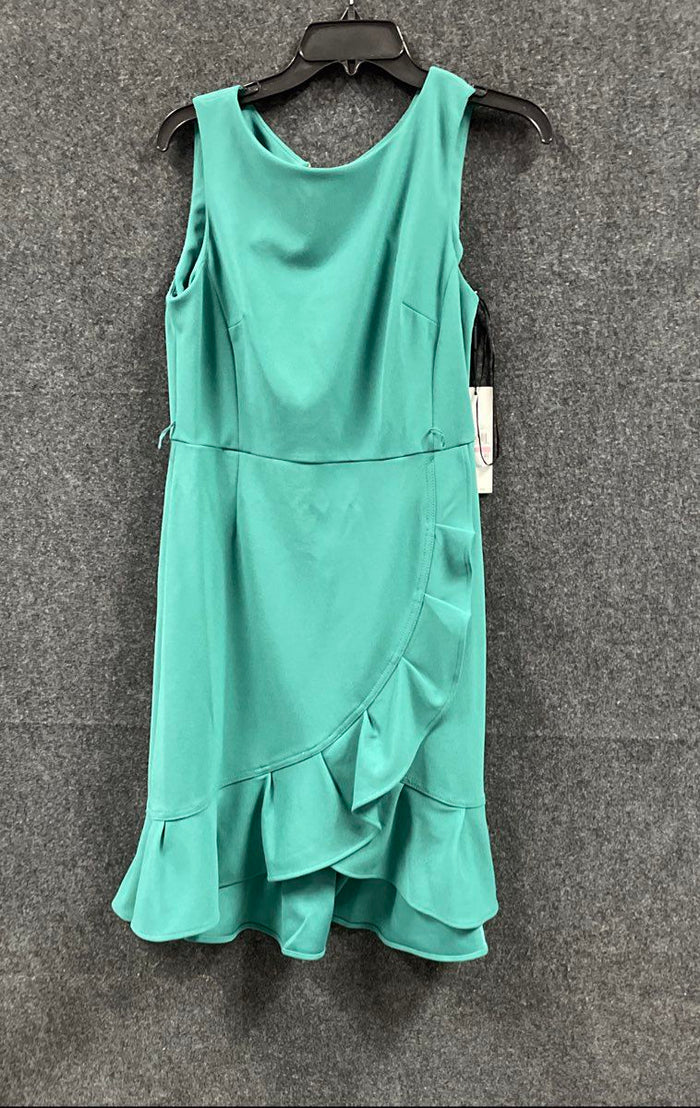 Calvin Klein Women's Teal Green Sleeveless Ruffle Hem Faux Wrap Dress NWT Sz 10