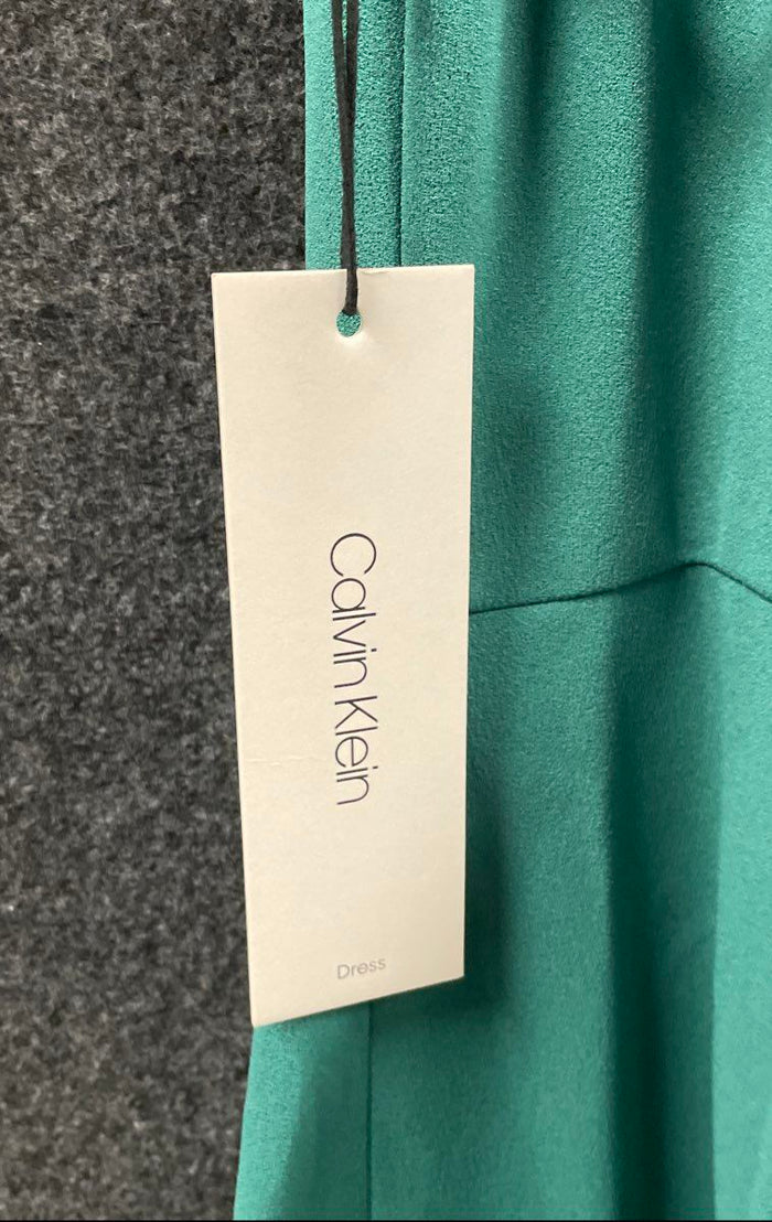 Calvin Klein Women's Teal Green Sleeveless Ruffle Hem Faux Wrap Dress NWT Sz 10