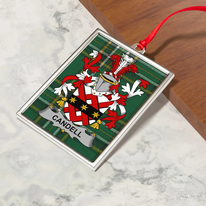 Candell Irish family crest Christmas ornament — crest and tartan detail