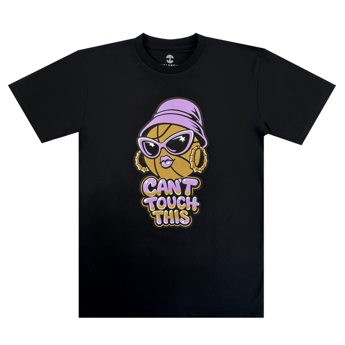 The GSV Can't Touch This Tee is a black classic fit t-shirt made from 100% cotton, featuring a stylized pineapple with sunglasses, gold hoops, purple lipstick, bucket hat, and bold text: "CAN’T TOUCH THIS.