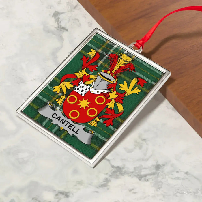 Cantell Irish family crest Christmas ornament — crest and tartan detail