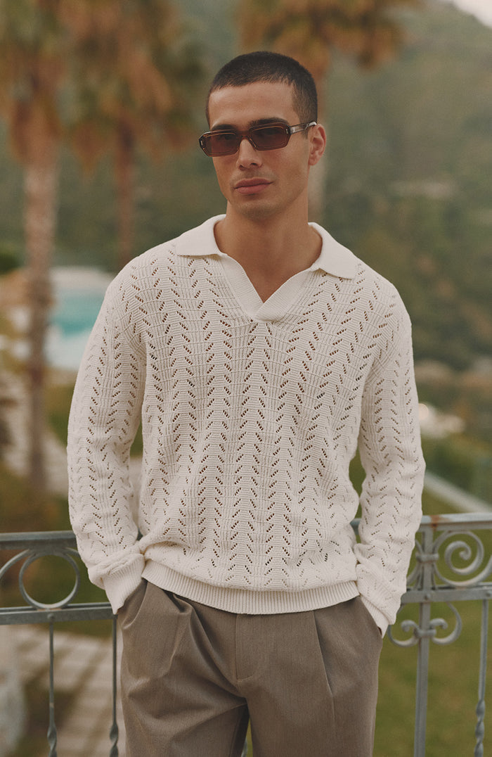 Capri Pointelle Open Collar Polo in Cream