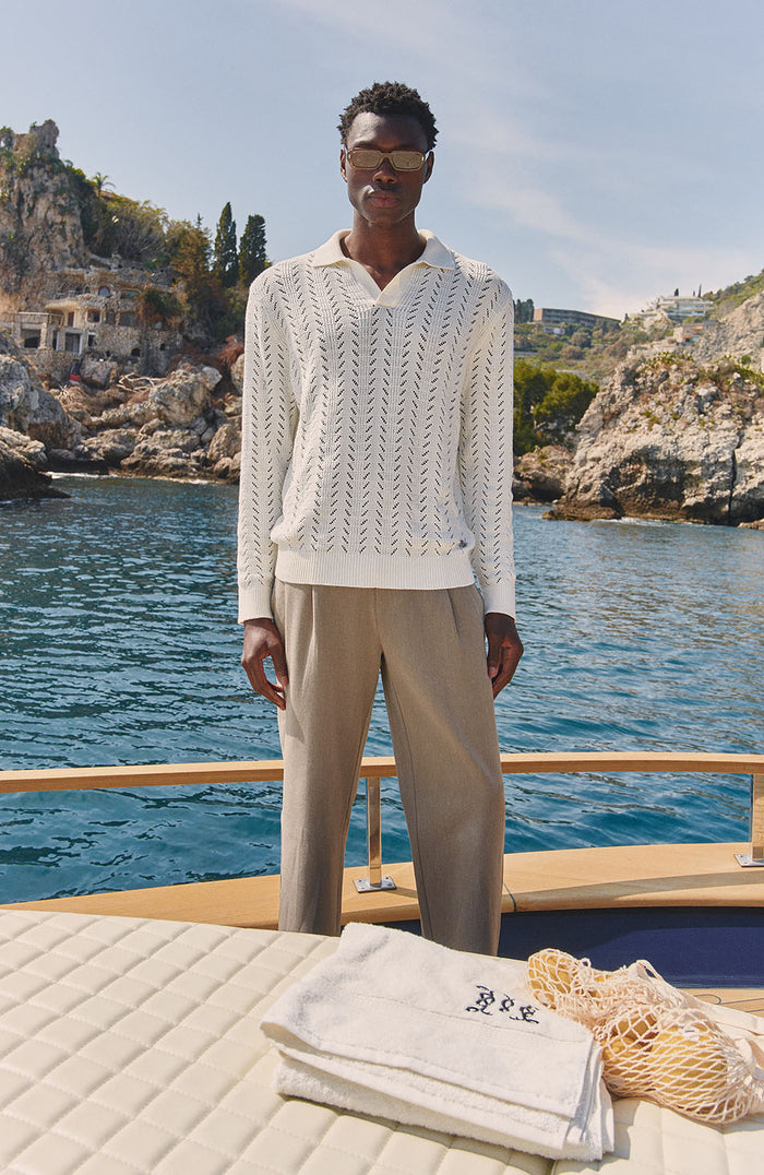 Capri Pointelle Open Collar Polo in Cream