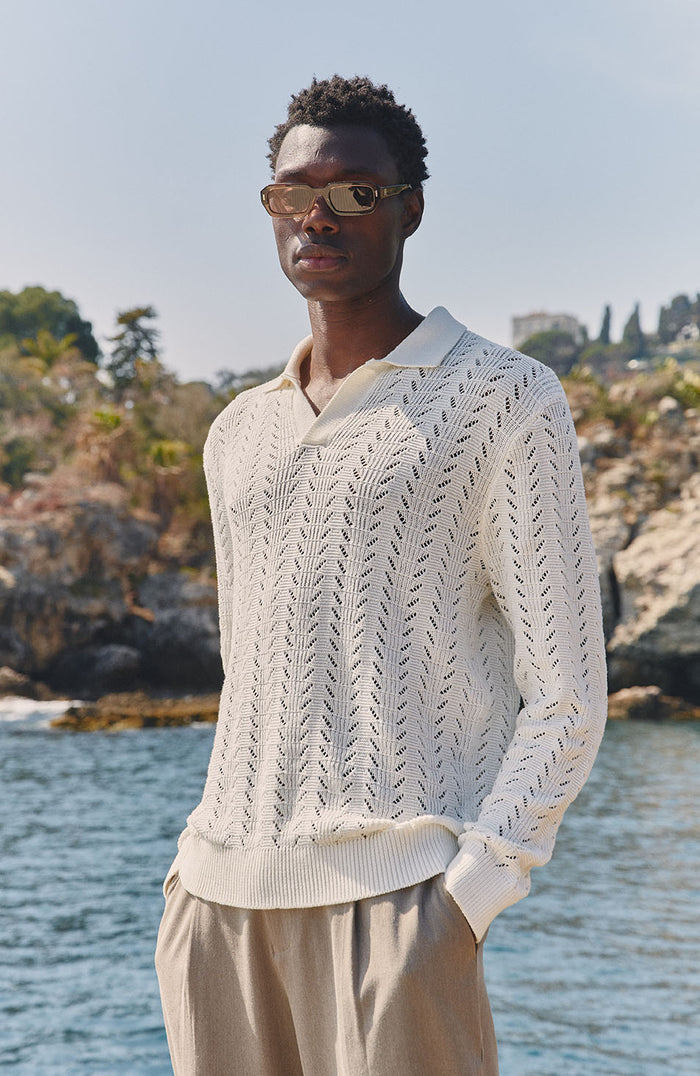 Capri Pointelle Open Collar Polo in Cream