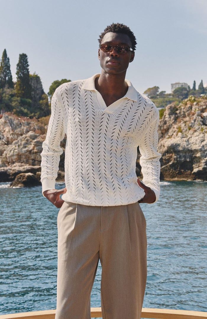Capri Pointelle Open Collar Polo in Cream