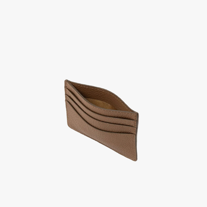 Top view of STOW London's Cardholder in Mocha pebbled leather on a light grey background