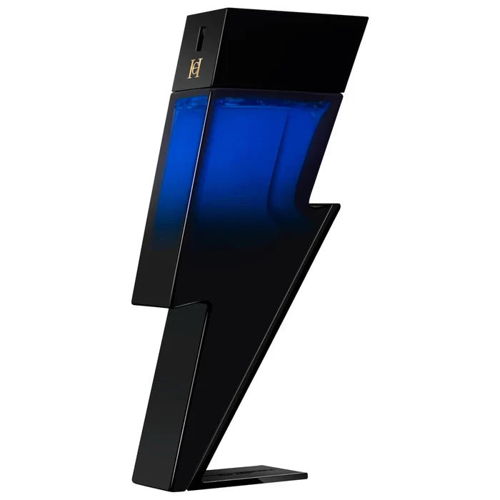 Carolina Herrera Bad Boy Cobalt Elixir 100ml perfume bottle with sleek metallic design, front view, in a close-up shot.