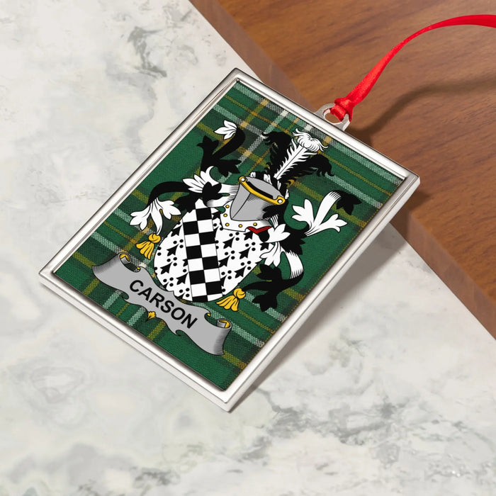 Carson Irish family crest Christmas ornament — crest and tartan detail