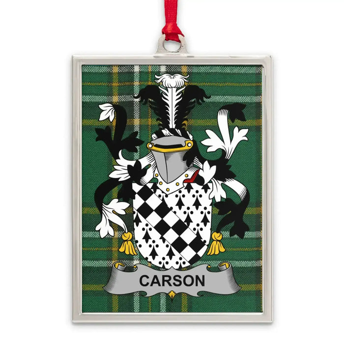 Carson Irish family crest Christmas ornament — silver-tone portrait-frame keepsake