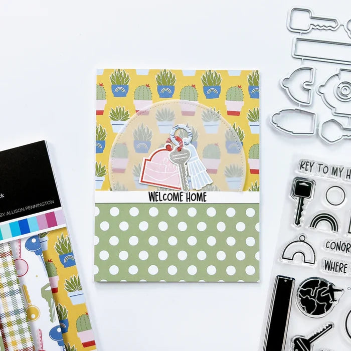 Catherine Pooler - Stamp &amp; Die Set - Charming Keys. For all of life's moments where you are moving up or moving out, we have the Charming Keys Stamp Set and Dies! Available at Embellish Away located in Bowmanville Ontario Canada. Card example by brand ambassador.