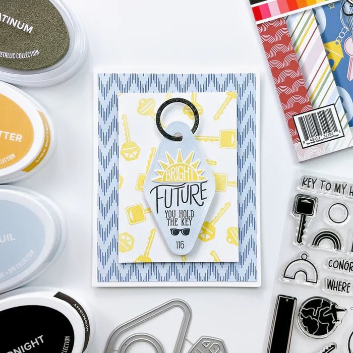 Catherine Pooler - Stamp &amp; Die Set - Charming Keys. For all of life's moments where you are moving up or moving out, we have the Charming Keys Stamp Set and Dies! Available at Embellish Away located in Bowmanville Ontario Canada. Example by brand ambassador.