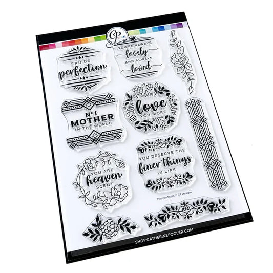 Catherine Pooler - Stamp &amp; Die Set - Heaven Scent Label. This set has sentiments that are Heaven Scent! This 6x8 Stamp Set and coordinating dies were designed to deliver a special sentiment in a the form of an illustrated cosmetic bottle label. Available at Embellish Away located in Bowmanville Ontario Canada.