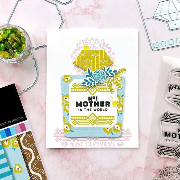 Catherine Pooler - Stamp &amp; Die Set - Heaven Scent Label. This set has sentiments that are Heaven Scent! This 6x8 Stamp Set and coordinating dies were designed to deliver a special sentiment in a the form of an illustrated cosmetic bottle label. Available at Embellish Away located in Bowmanville Ontario Canada. Example by brand ambassador.