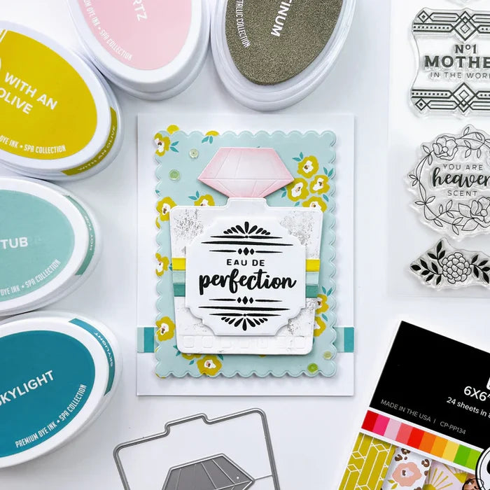 Catherine Pooler - Stamp &amp; Die Set - Heaven Scent Label. This set has sentiments that are Heaven Scent! This 6x8 Stamp Set and coordinating dies were designed to deliver a special sentiment in a the form of an illustrated cosmetic bottle label. Available at Embellish Away located in Bowmanville Ontario Canada. Example by brand ambassador.