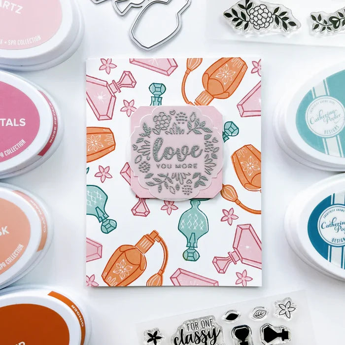 Catherine Pooler - Stamp &amp; Die Set - Scentsational. Tell her she is "one classy lady" with the Scentsational Set! This perfume bottle themed set features two-step stamps with a elegant style. Available at Embellish Away located in Bowmanville Ontario Canada. Example by brand ambassador.