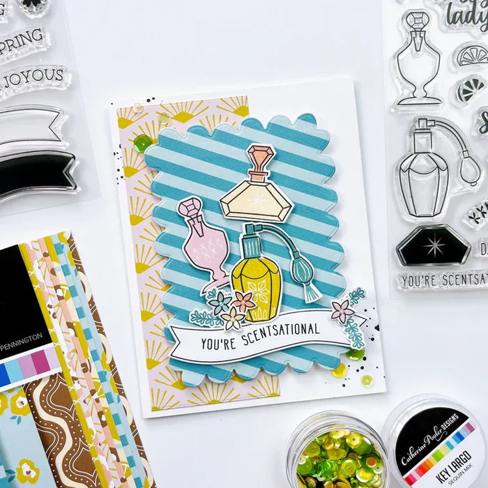 Catherine Pooler - Stamp &amp; Die Set - Scentsational. Tell her she is "one classy lady" with the Scentsational Set! This perfume bottle themed set features two-step stamps with a elegant style. Available at Embellish Away located in Bowmanville Ontario Canada. Example by brand ambassador.