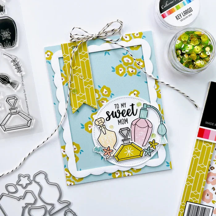 Catherine Pooler - Stamp &amp; Die Set - Scentsational. Tell her she is "one classy lady" with the Scentsational Set! This perfume bottle themed set features two-step stamps with a elegant style. Available at Embellish Away located in Bowmanville Ontario Canada. Example by brand ambassador.