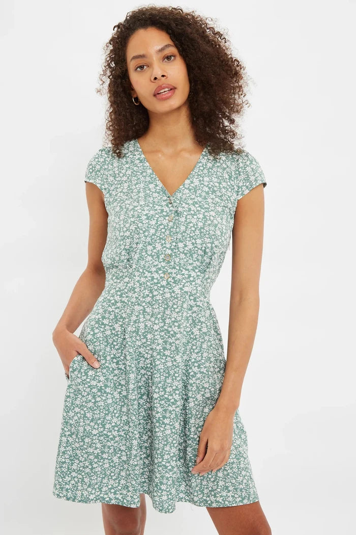 Cathleen Micro Blossom Print Mini Tea Dress – Green - Bascora