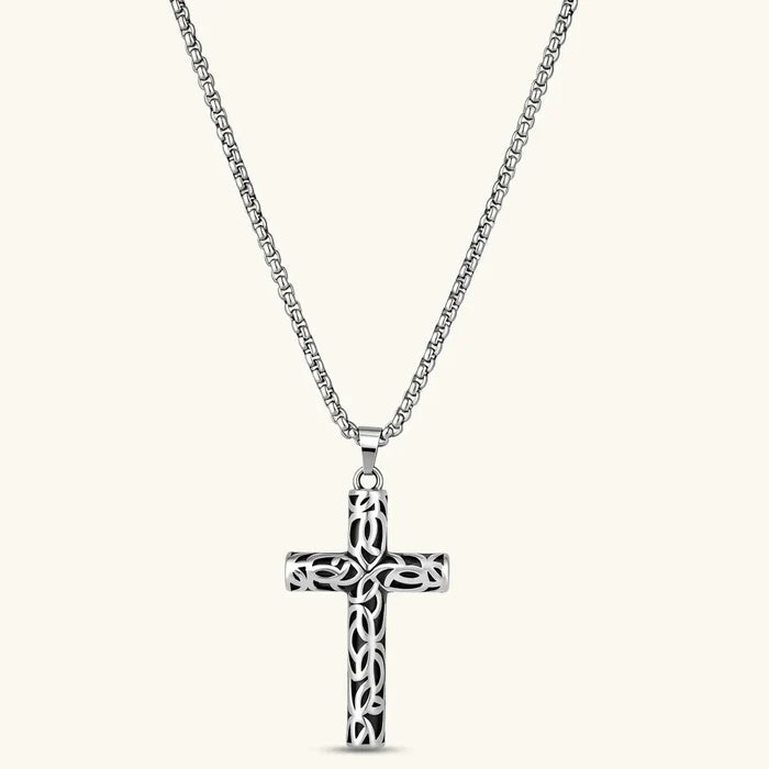 Celtic Cross Necklace in polished silver-tone metal with dark filigree accents and a detailed cross pendant