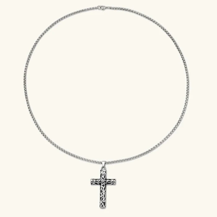 Celtic Cross Necklace in silver-tone metal, with a fine chain and small dark-accented filigree cross pendant