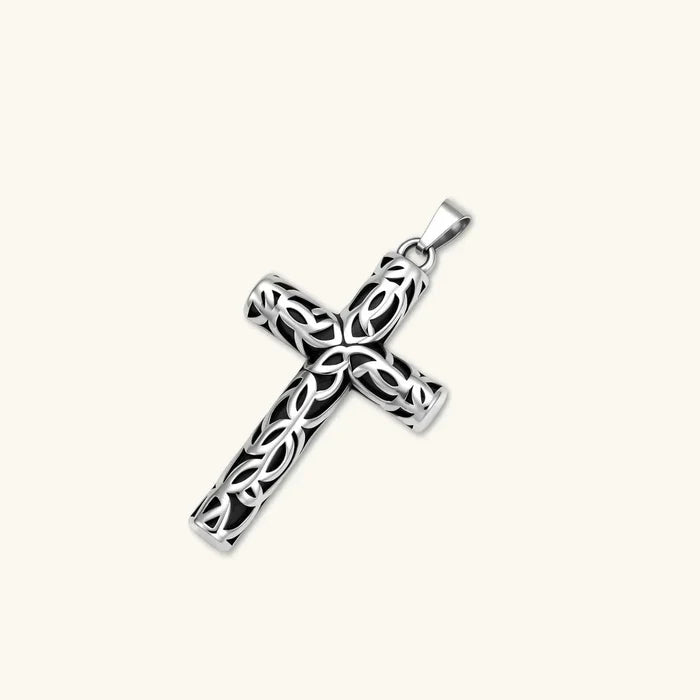 Celtic Cross Necklace pendant in polished silver-tone metal with dark accents and intricate openwork interlaced knot pattern