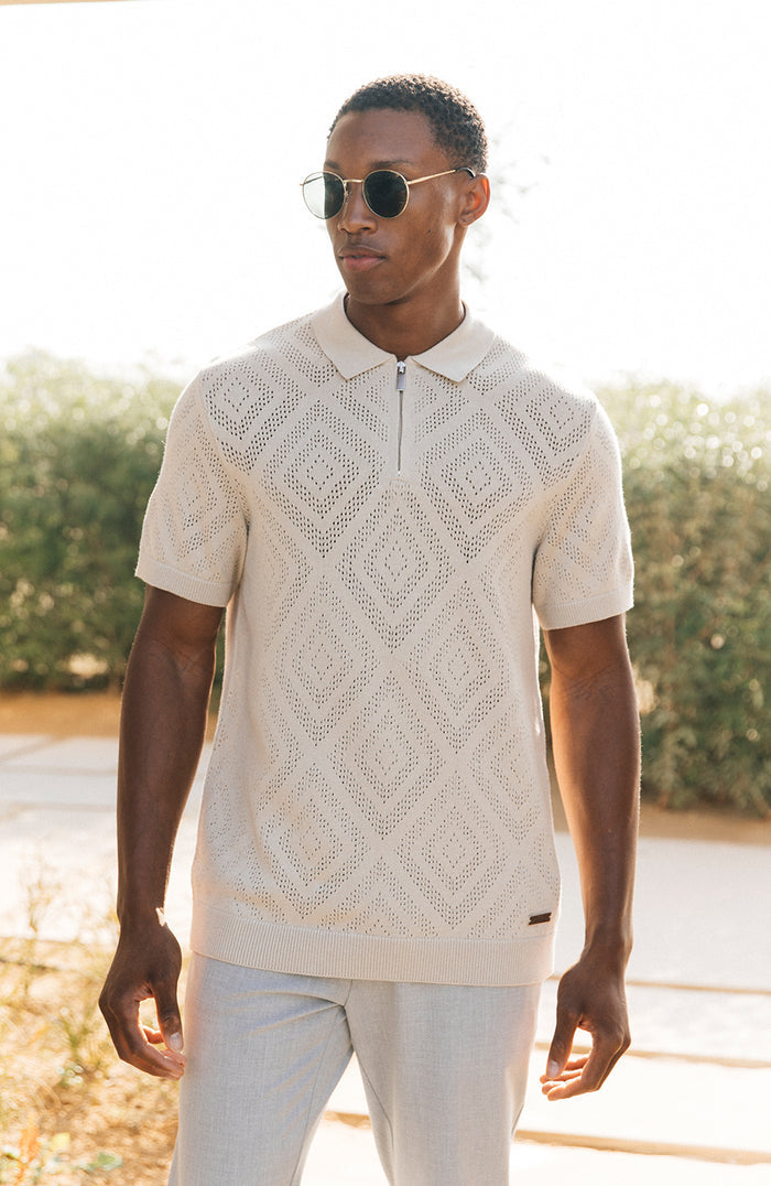 Chalbi Slim Fit Knit Pointelle Zip Polo in Beige